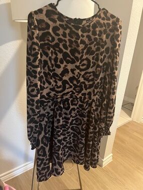 SHEIN Brown and Black Long Sleeve Leopard Print Dress